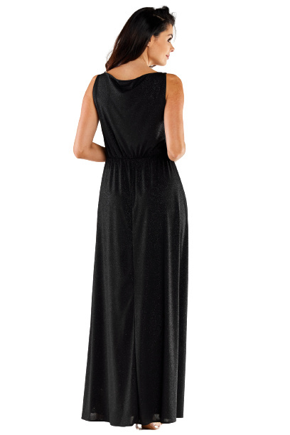 Sukienka brokatowa elegancka maxi bez rękawów rozcięcie czarna